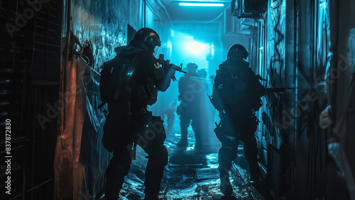 An armed tactical team in a narrow corridor, heavily geared and ready for action, displaying coordination and alertness in a tense, illuminated environment