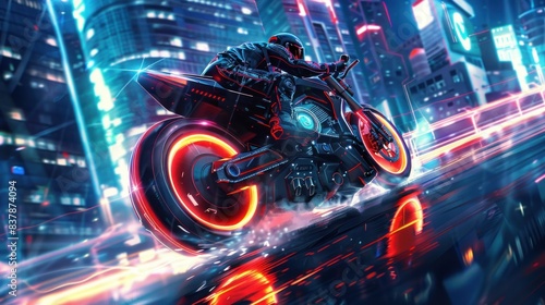 A futuristic motorcycle rides through the streets of a futuristic neon Cyberpunk City.