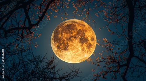 Low-angle view of a full moon through tree branches,
