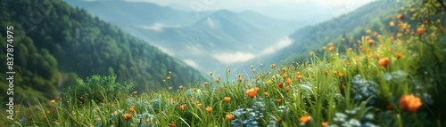 Lush green valley with wildflowers, blurred background,