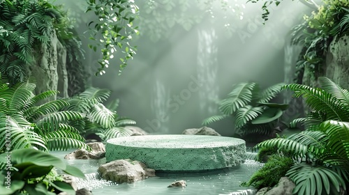A pastel sage green podium with a textured surface, surrounded by leafy ferns and a bubbling brook, creating a lush and verdant environment. shiny, Minimal and Simple,