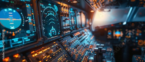 Close-up view of a commercial airplane cockpit with illuminated instruments and controls, showcasing advanced avionics and navigation systems.