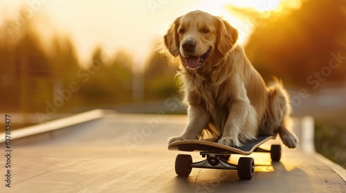 Golden retriever dog on a skateboard at sunset. Skateboarding dog