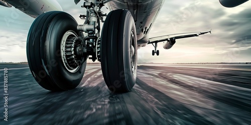 Close-up on aircraft tires hitting the runway, high-speed shot, no people 