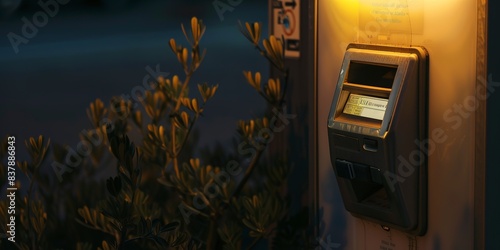 Airport parking ticket machine, high detail close-up, dusk light, no people 