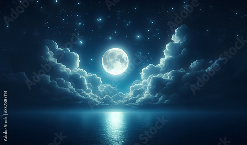The full moon at night has many stars around it above the sea
