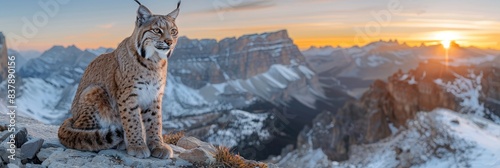 Majestic lynx perched on a snowy mountain peak during sunset, with breathtaking panoramic view of rugged mountain range and glowing sky.
