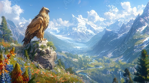 A regal griffin perched on a rocky cliff overlooking a valley filled with wildflowers and a meandering river, with snow-capped mountains in the distance. shiny, Minimal and Simple,
