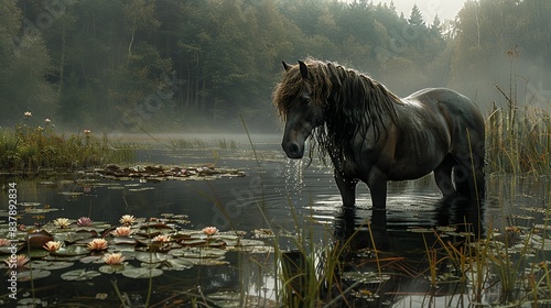 A serene kelpie standing in a misty lake surrounded by water lilies and reeds, its mane dripping with water, with a dense forest in the background. shiny, Minimal and Simple,
