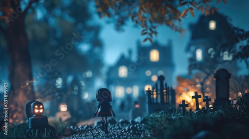  Halloween background with Scary Cute model in the spooky village scene, cemetery and gravestone on graveyard area at night