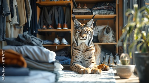 A lynx organizing a closet, folding clothes and arranging shoes, creating a tidy and orderly space. shiny, Minimal and Simple,