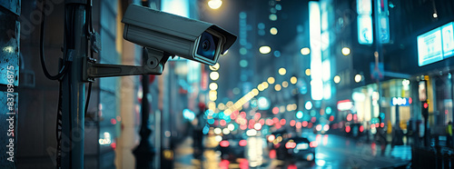 A security camera mounted on a pole overlooking a bustling city street at night. The camera is pointed towards the street, and the city lights are reflected in its lens.