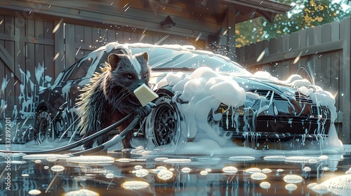 A skunk washing a car in a driveway, using a hose and sponge to clean the exterior and creating suds all around. shiny, Minimal and Simple,