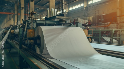 Sustainable paper mill showcasing machinery rolling out large sheets of recycled paper. Realistic depiction of eco-friendly production process, Created with Generative AI.