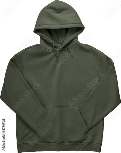 Green, army, khaki unfolded hoodie mockup, png, front view