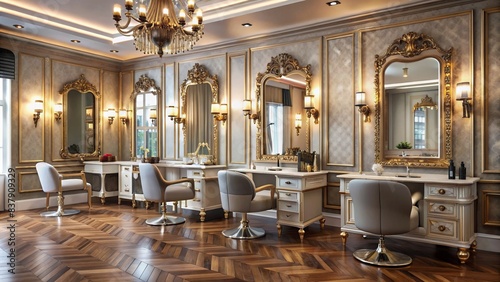 Luxurious hair salon interior with ornate mirrors, elegant furniture, and stylish decor, featuring a vacant hairstyling station with comb, scissors, and hair accessories.