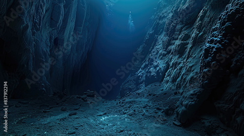 A rare underwater view of the Mariana Trench in the Pacific Ocean, in a realistic photographic style, showcasing the deepest part of the Earth's oceans