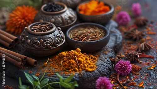 Traditional Ayurveda Herbs and Spices with Decorative Bowls on Rustic Background. Indian ayurveda medicine ingredients in jars and pots on counter 