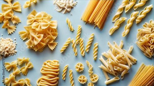 Various Types of Italian Pasta: Fettuccine, Pappardelle, Fusilli on a Light Blue Background. Assorted Italian pasta, top view