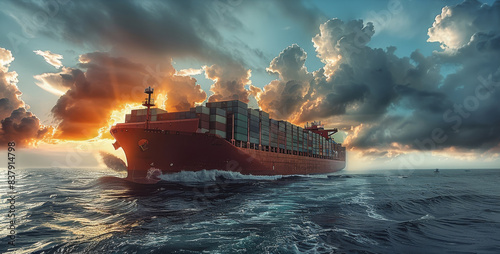 Business logistic and transportation by container cargo ship in open sea, Container ship on ocean, huge container tanker ship carrying containers. Generative AI.