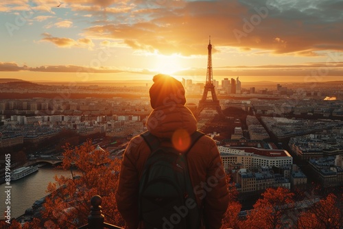 A tourist admiring the panoramic view of the Eiffel Tower.