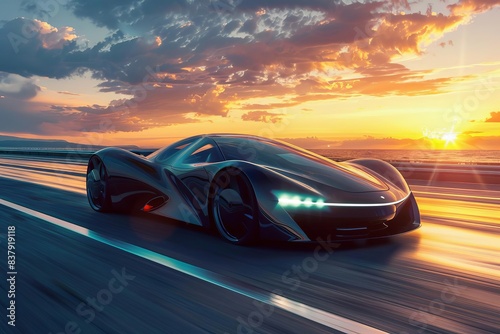 futuristic electric sports car racing on oceanside highway at sunset 3d rendering