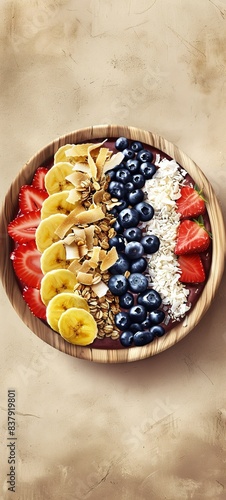 White-washed wooden bowl prepared with acai, sliced bananas, sliced strawberry and blueberries, topped with granola, shredded coconut and honey