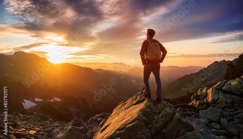 A lone hiker stands on a rocky summit, bathed in the golden light of a glorious mountain sunrise. 