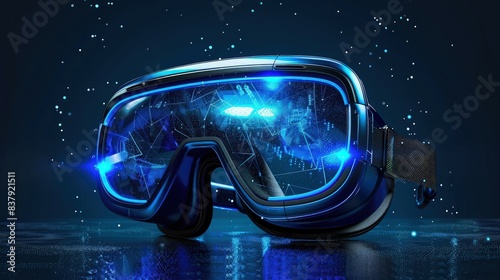 VR glasses floating in a digital landscape filled with abstract shapes, neon colors, and grid patterns, representing the limitless possibilities of virtual reality.