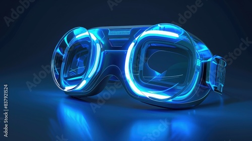 A sleek pair of VR glasses set against a high-tech, futuristic background with glowing blue and purple lines and holographic elements.