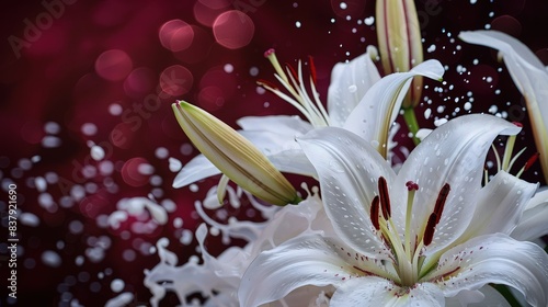 White flowers with bold white paint splashes on a contrasting background, blending modern art with natural beauty.