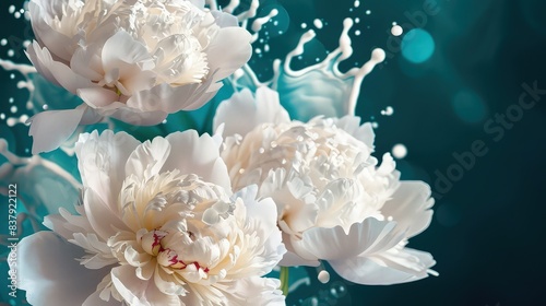 An abstract scene featuring white flowers with energetic white paint splashes radiating from the center, adding movement and vibrancy.