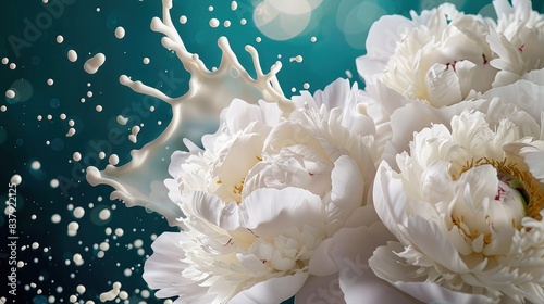  A close-up of white flowers with subtle white paint splashes, emphasizing their delicate beauty against a clean background.