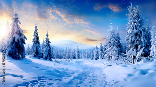 Sunset in the forest winterland pine trees covered with snow iceland pathway scenic view cloudy sky 