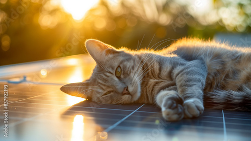 Katze liegt auf Solarpanel bei Sonnenuntergang