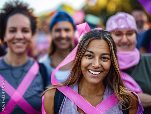 A group of women are smiling and wearing pink ribbons