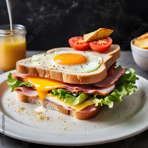 A sandwich with ham cheese and an egg on it, Generated AI