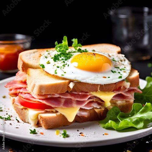 A sandwich with ham cheese and an egg on it, Generated AI