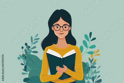 silhouette of a woman with a book in a shit with glasses