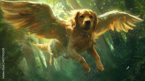  Illustration of a flying golden retriever with angel wings.