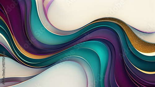 Striking abstract wavy background with deep teal, violet, and gold curves on a white background
