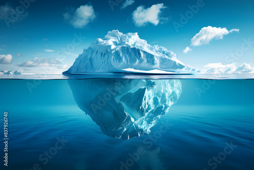 iceberg middile of sea,ice broken,sky,reflect,daylight,wide-angle