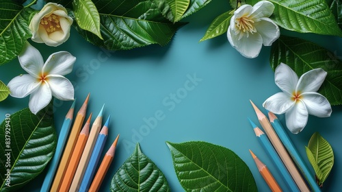 Composition of jasmine flower taro leaves with colored pencils on a colored background. Space for text display. top view. Generative AI.