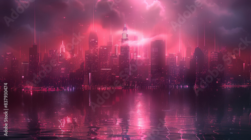 Skyline metropolis sci fi city with the pinky light tone weird shape building, dark theme background. Generative AI.