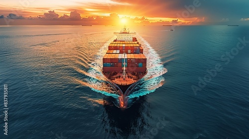 Container ship or cargo shipping business logistic import and export freight transportation by container ship in the open sea, freight ship boat. Generative AI.