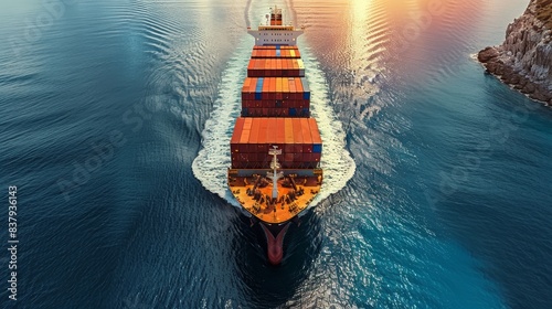 Container ship or cargo shipping business logistic import and export freight transportation by container ship in the open sea, freight ship boat. Generative AI.