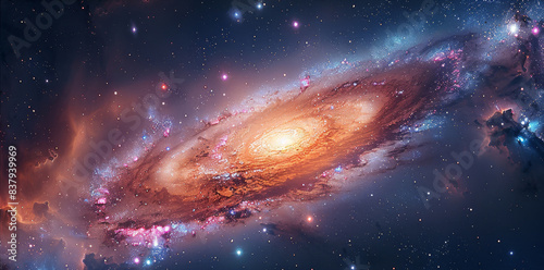 A majestic spiral galaxy ablaze with vibrant colors, its arms swirling outwards against a backdrop of deep space. Nebulae in shades of pink, blue, and purple shimmer between the stars. Generative AI.