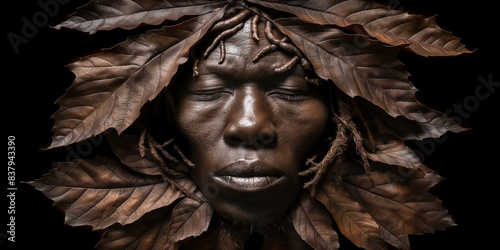 Gesicht vom Afroamerikanischen Mann mit Herbstblätter kunstvoll und gestalterisch Dargestellt