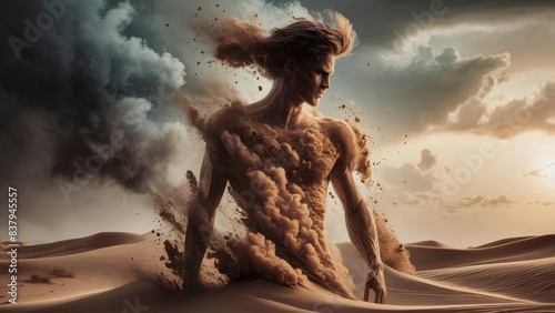 Ephemeral Essence Male Form Shaped by Sand, Dust, and Smoke