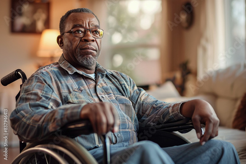 Elderly african american man in a wheelchair at home, handicapped person with medical support, senior sitting in living room.